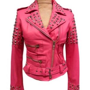 Womens Pink Biker Golden Studded Genuine Leather Jacket