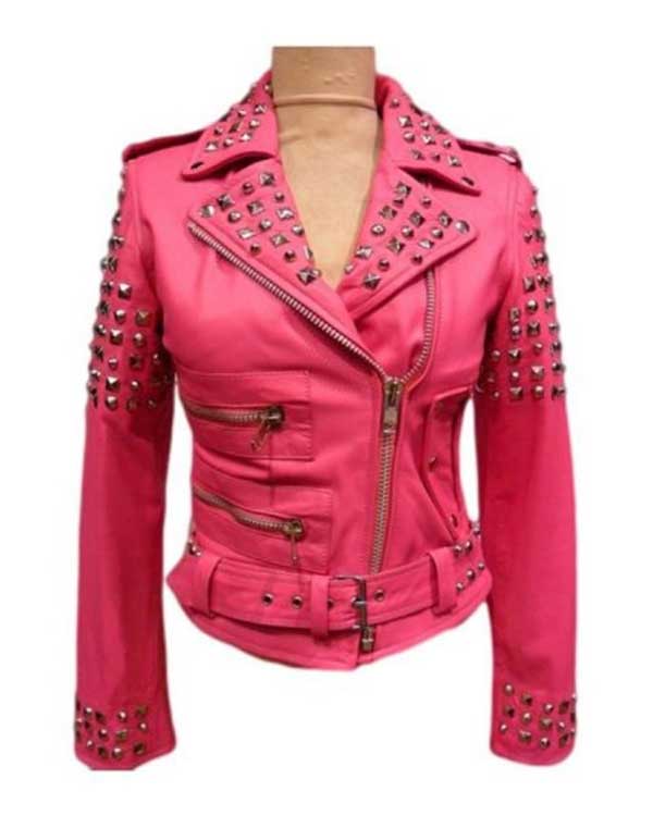 Womens Pink Biker Golden Studded Genuine Leather Jacket