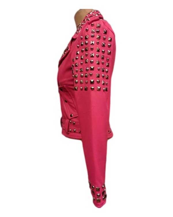 Womens Pink Biker Golden Studded Leather Jacket