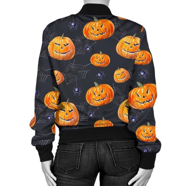 Halloween Pumpkin Print Women Cotton Bomber Jacket