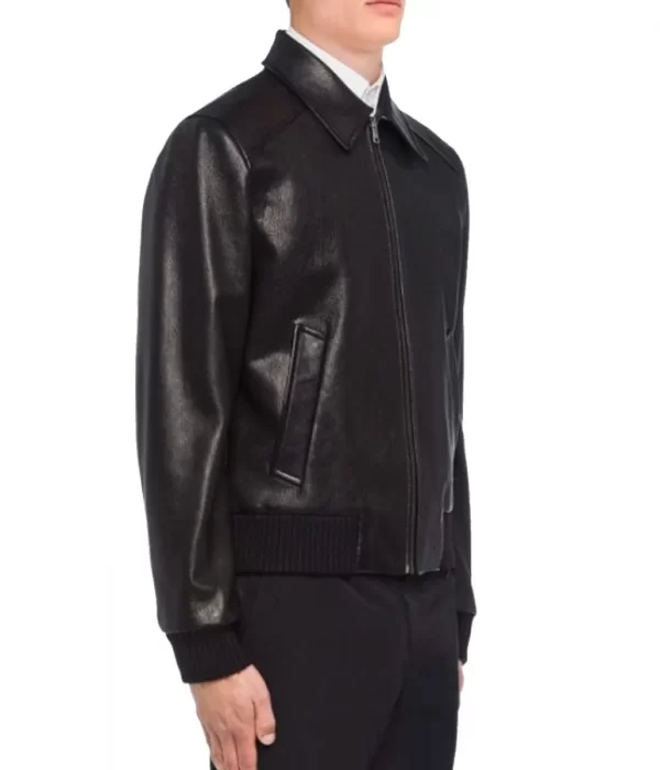 Men’s Elasticated Black Bomber Leather Jacket