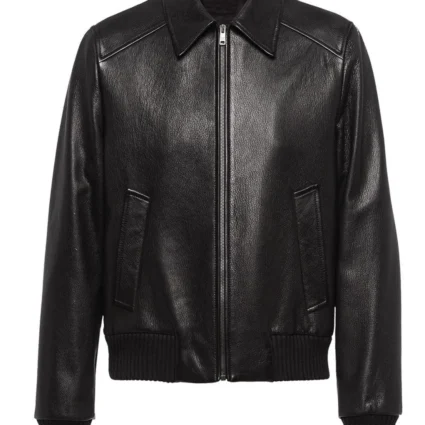 Men’s Elasticated Bomber Black Leather Jacket