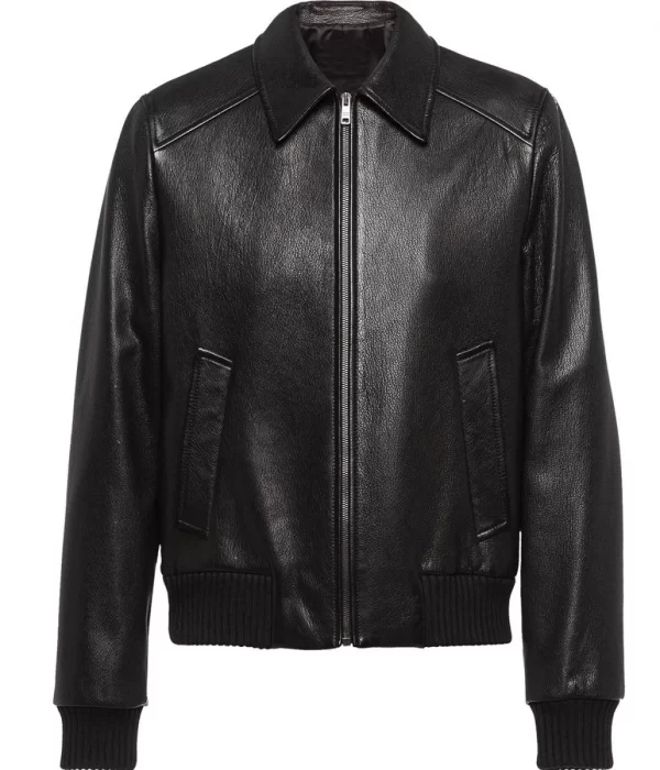 Men’s Elasticated Bomber Black Leather Jacket