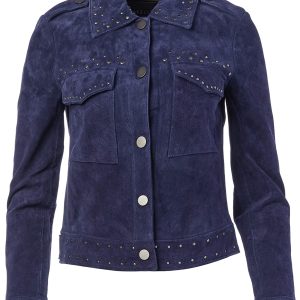 Women’s Navy Blue Suede Studded Trucker Jacket