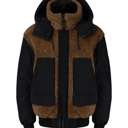 Hooded Shearling Down Wool Blend Jacket