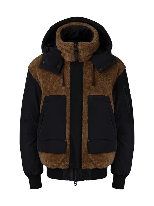 Hooded Shearling Down Wool Blend Jacket