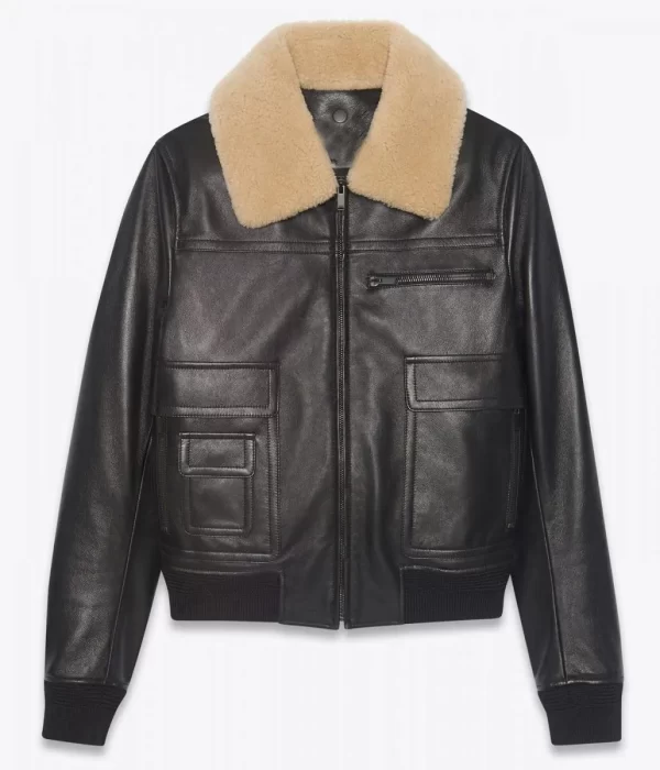 Men’s Black Sheepskin Leather Aviator Jacket with Removable Fur Collar
