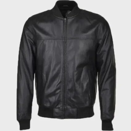 Mens Black Slim Fit Real Leather Bomber Jacket