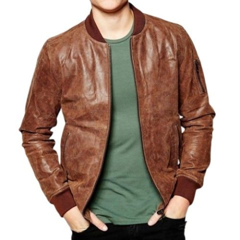 Mens Distressed Brown Bomber Leather Jacket