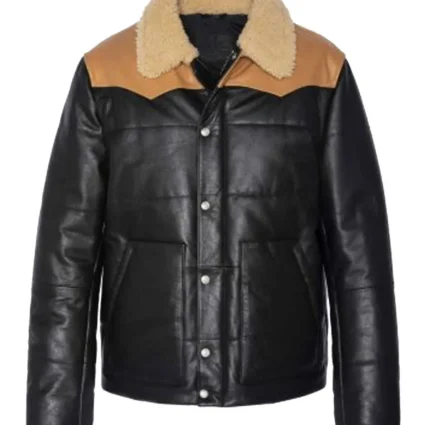 Men’s Rancher Puffer Black Leather Jacket with Fur Collar