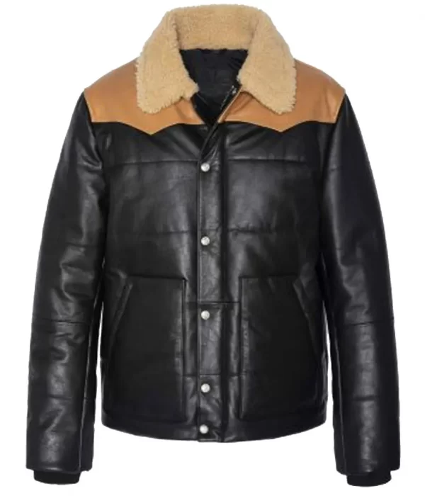 Men’s Rancher Puffer Black Leather Jacket with Fur Collar