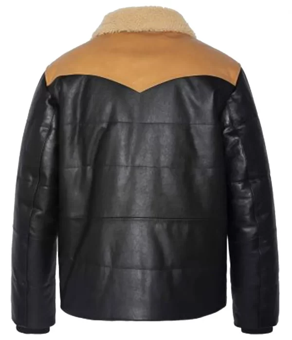 Men’s Urban Style Puffer Rancher Black Leather Jacket with Fur Collar