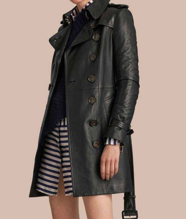 Women’s Mid-Length Double Breasted Black Leather Coat