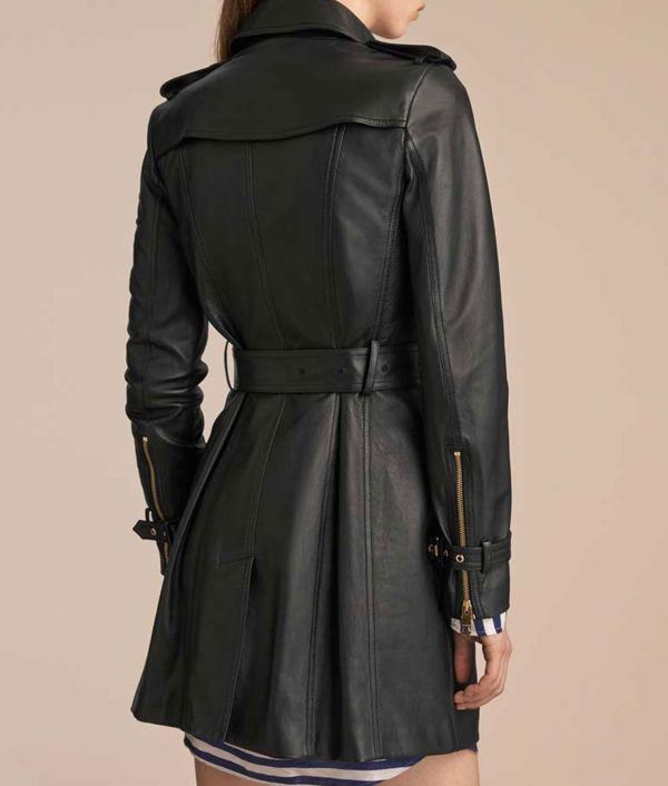 Women’s Mid-Length Double Breasted Leather Black Coat