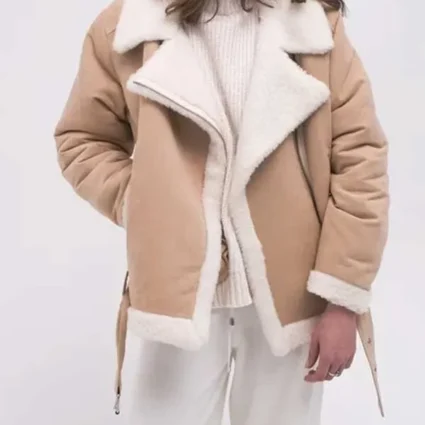 Women’s Sheepskin Aviator Beige Shearling Leather Jacket