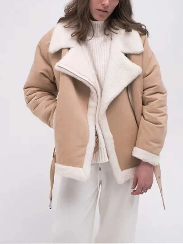 Women’s Sheepskin Aviator Beige Shearling Leather Jacket