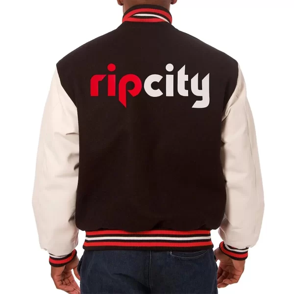 Black/White Portland Trail Blazers Two-Hit Varsity Full-Snap Leather Jacket