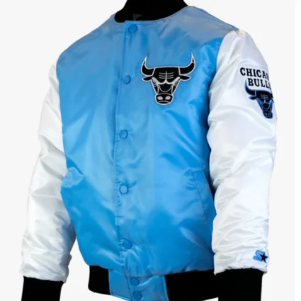 Chicago Bulls Tobacco Road Blue and White Satin Varsity Jacket