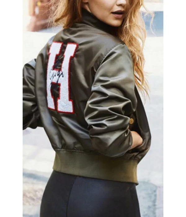 Gigi Hadid Embroidered Satin Bomber Brown Jacket