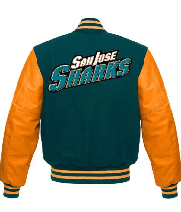 NHL San Jose Sharks Green and Orange Varsity Letterman Jacket