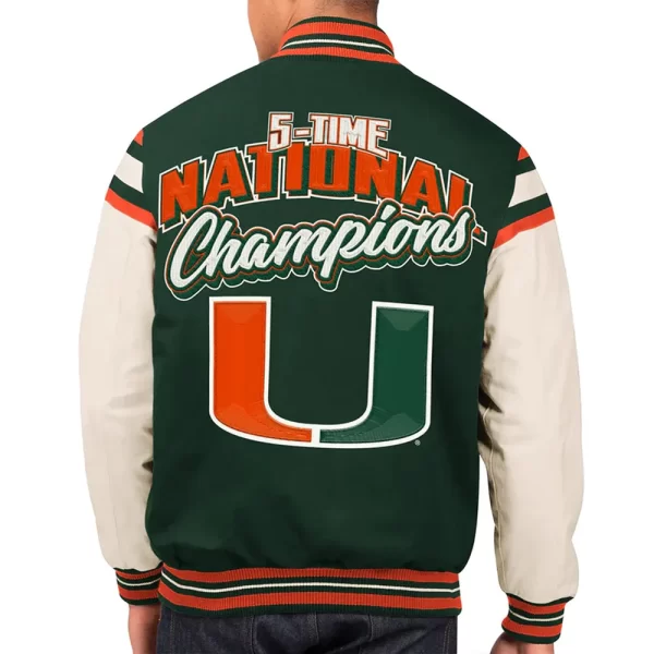 Champions Commemorative Victory Miami Hurricanes Varsity Green Wool and Leather Jacket