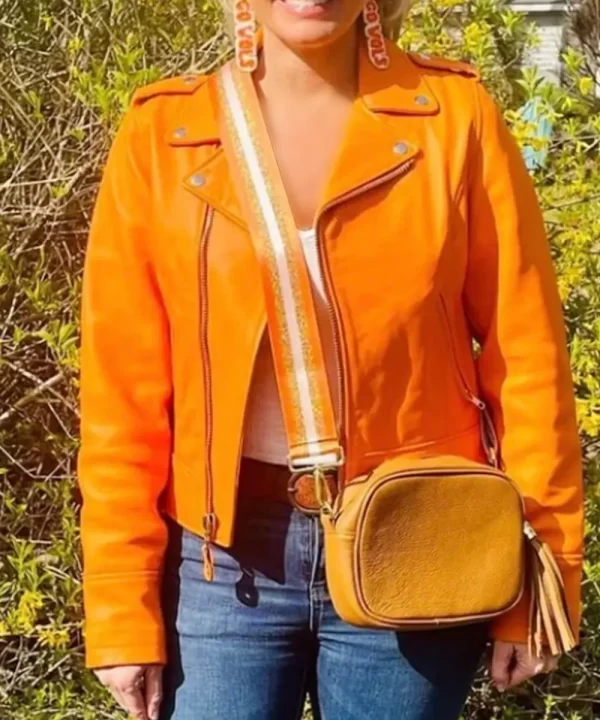 Lily Orange Leather Motor Zip Jacket