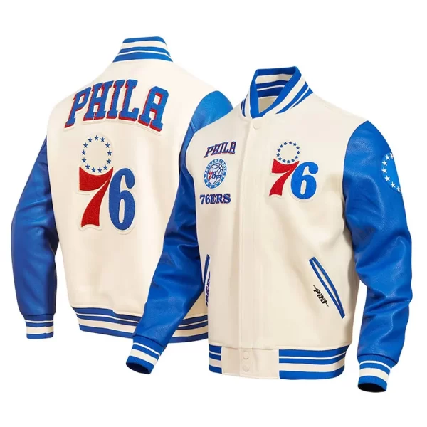 Retro Classic Philadelphia 76ers Varsity Full-Zip Leather Cream Jacket