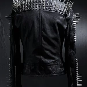 Punk Silver Long Spiked Studded Black Leather Jacket