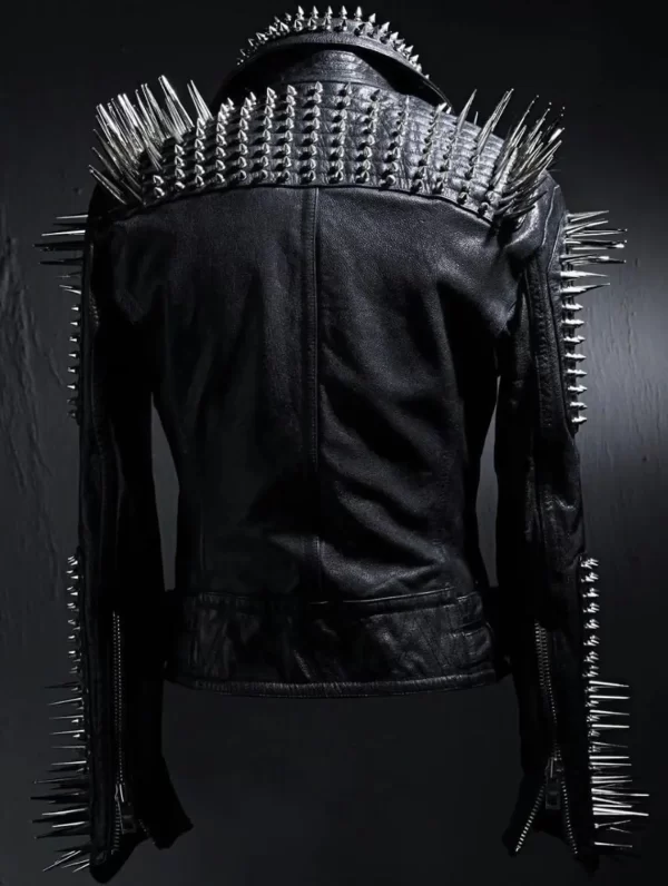 Punk Silver Long Spiked Studded Black Leather Jacket