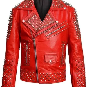 Rock Punk Spike Studded Biker Red Leather Jacket