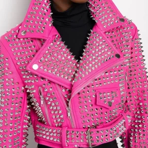 Studded Party Rock Style Pink Leather Jacket