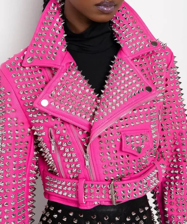 Studded Party Rock Style Pink Leather Jacket