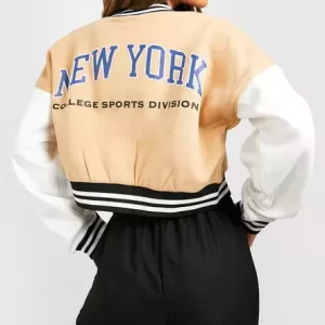 Womens New York Cropped Cream Varsity Jacket