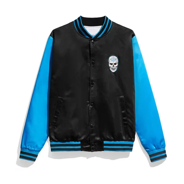 Chenille Stone Cold Bomber Full-Snap Satin Black and Blue Jacket