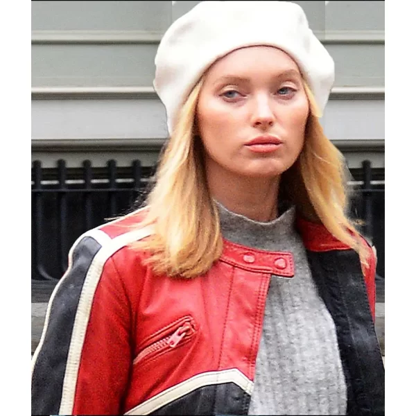 Elsa Hosk Red and Black Leather Biker Jacket