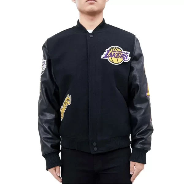 LA Lakers Logo Blended Wool & Leather Varsity Full-Snap Jacket