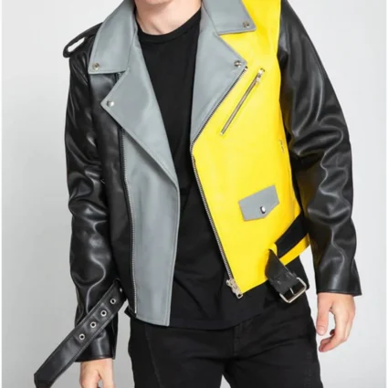 Men’s Asymmetrical Zipper Moto Style Color Block Leather Jacket