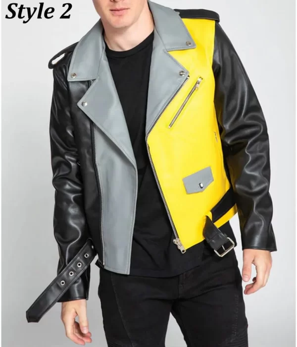 Men’s Asymmetrical Zipper Moto Style Color Block Leather Jacket