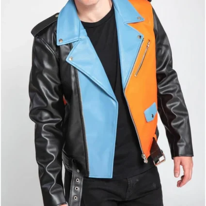 Men’s Asymmetrical Zipper Moto Style Color Block Leather Jacket