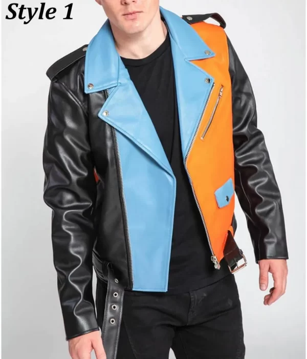 Men’s Asymmetrical Zipper Moto Style Color Block Leather Jacket