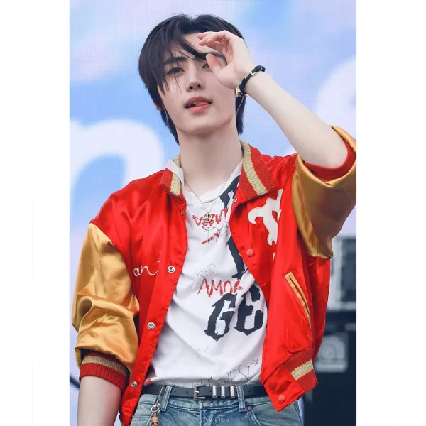 Park Sunghoon Varsity Red and Yellow Satin Jacket