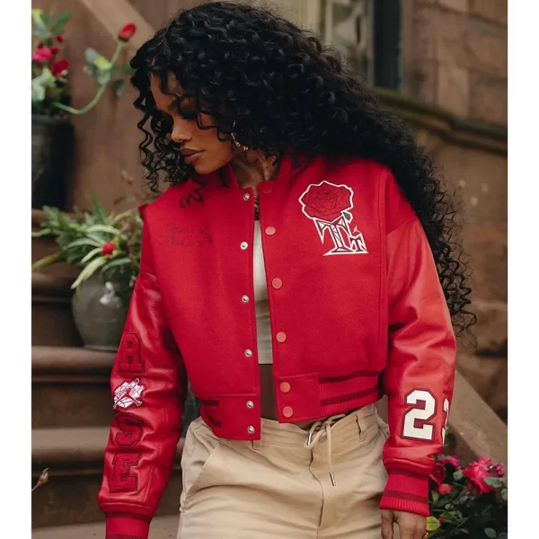 Teyana Taylor Red Rose Cropped Varsity Wool & Leather Jacket