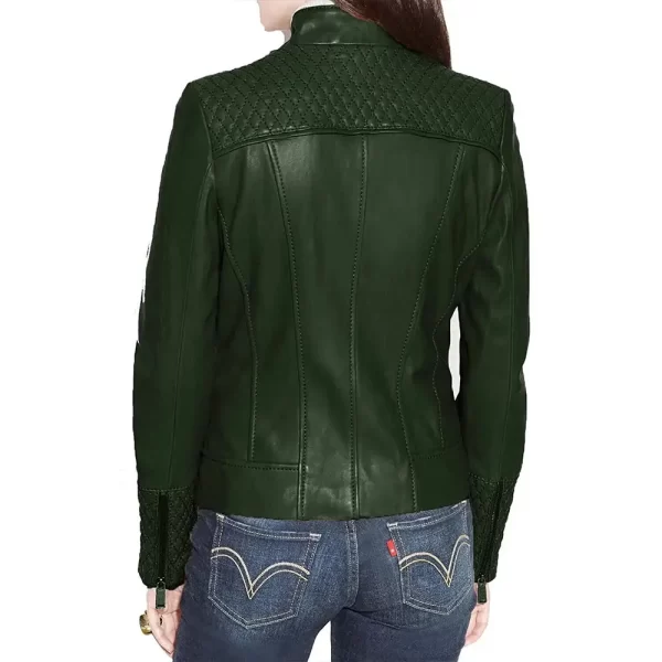 Women’s Motorcycle Quilted Dark Green Full-Zip Leather Jacket