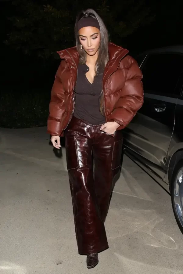 American Socialite Kim Kardashian Brown Leather Puffer Jacket