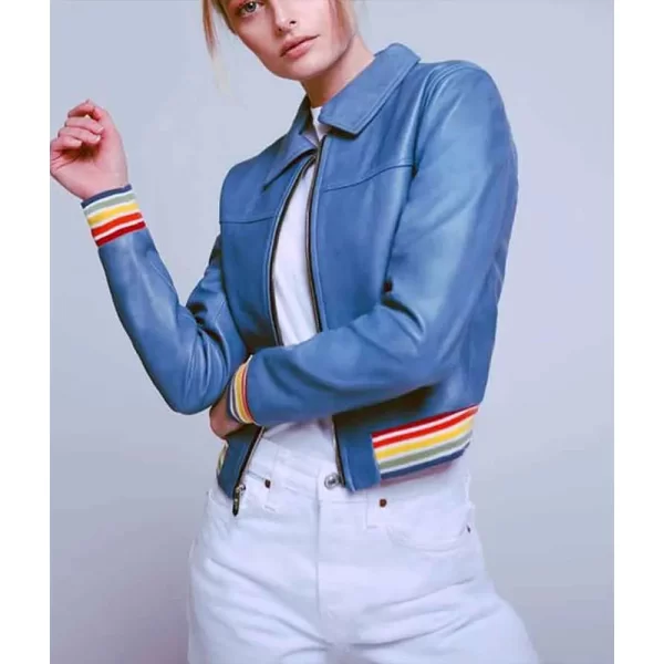 Evil Season 2 Kristen Bouchard Blue Rainbow Trim Rib Leather Jacket