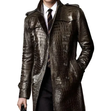 Men’s Double Breasted Alligator Brown Leather Coat