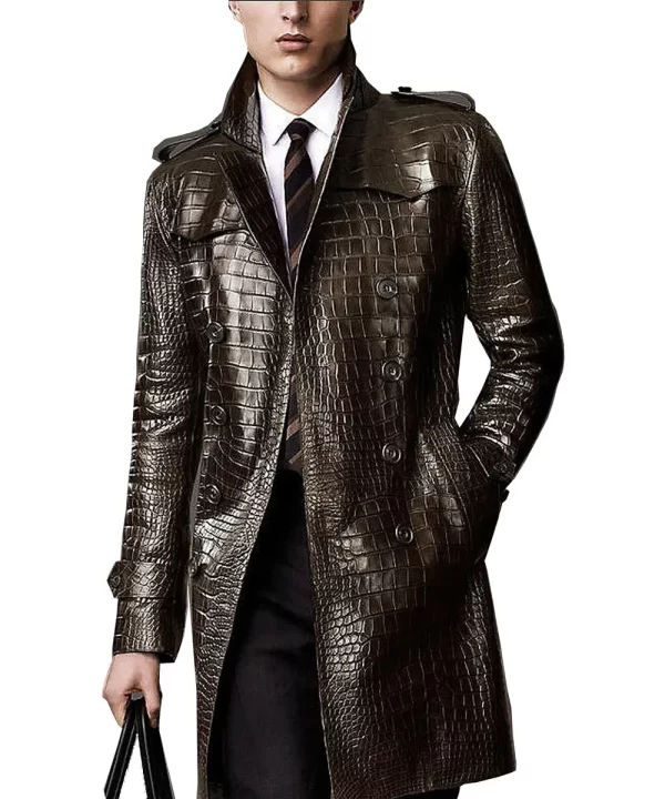 Men’s Double Breasted Alligator Brown Leather Coat