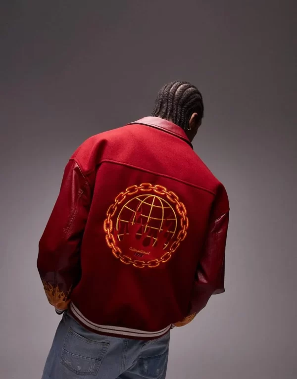 Topman Varsity Embroidery Burgundy Jacket