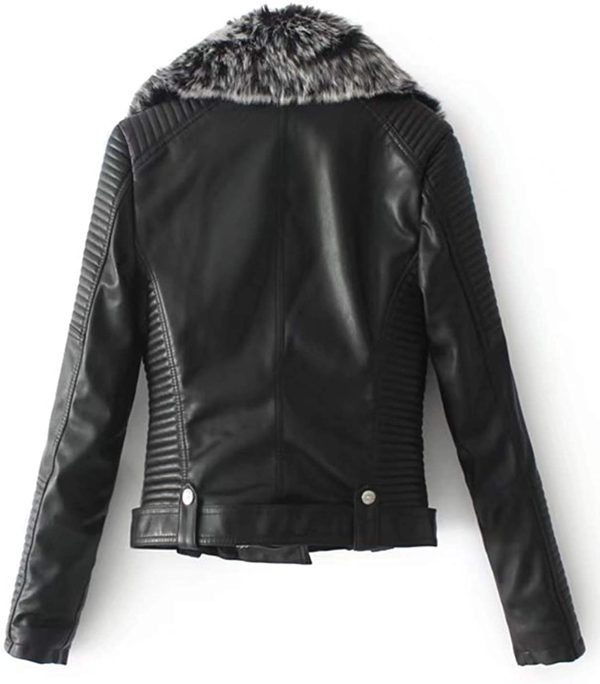 Women Biker Fur Collar Faux Leather Jacket