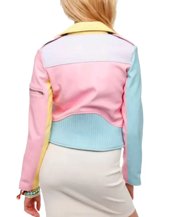 Women’s Biker Asymmetrical Pastel Rainbow Faux Leather Belted Jacket